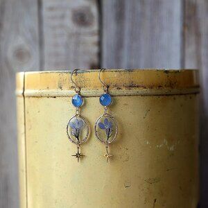 Gold Garden Lobelia + Blue Chalcedony Resin Pressed Flower Earrings | Handmade